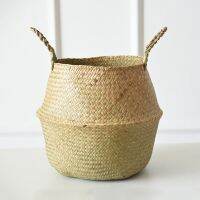 Seagrass Wickerwork Storage Basket Handmade Woven Storage Baskets with Handle Foldable Flower Pot Laundry Toys Organizer