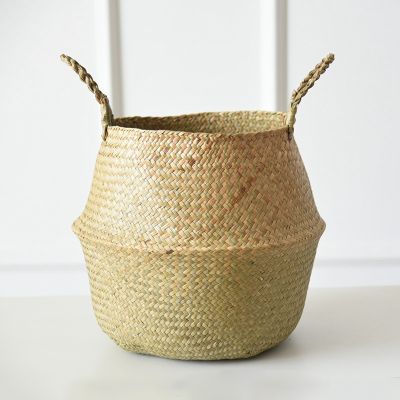 Seagrass Wickerwork Storage Basket Handmade Woven Storage Baskets with Handle Foldable Flower Pot Laundry Toys Organizer