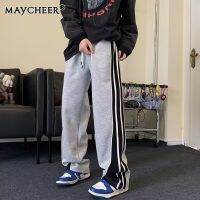 MAYCHEER กางเกงขาบานทรงหลวมลายทางแบรนด์ไฮสตรีทของผู้ชายกางเกงขายาวลำลองเย็บปะแบบอเมริกัน