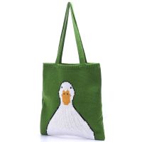 TOP☆Female Cute Cartoon Duck Top-handle Tote Bag Teen Women Winter Vintage Retro Rural Anime Knitting Kawaii Stylish Green Handbag