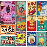 【CW】 Shabby Metal Tin Signs BBQ Fast Food Hamburger Pop Corn Hot Dog Wall for Diner Bar