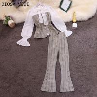 2020 autumn new style OL temperament round neck lotus leaf sleeve stitching plaid shirt split flared pants suit women