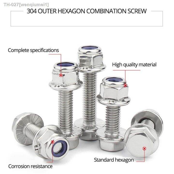 external-hex-bolt-m5-m6-m8-m10-304-stainless-steel-outer-hexagon-flange-screw-anti-slip-flange-nylon-locknut-combination-set