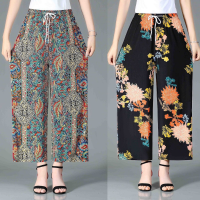 【มีไซส์ใหญ่】Plus Size XL-4XL Womens Ice Silk 8/10 Summer Pants Vintage Floral Printed Wide Leg Female Trousers