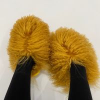 Luxury Fur Slippers Round Toe Mongolian Fur Slides Woman Shoes Women Flat Half Slippers