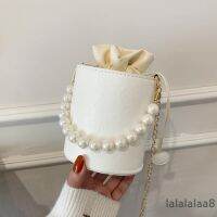 LAA8-Women Drawstring Closure Shoulder Bag, White Vintage Style Embossed Pattern Handbag with Pearl Strap