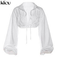 Kliou High Street Women T-Shirts Hipster Simple Casual Bandage Cleavage Oversize Lantern Long Sleeve V-Neck Streetwear Top