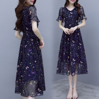 Summer Women Floral Print Short Lotus Leaf Sleeve 0-neck Knee-length A-line Plus Size Chiffon Daily Wear Cocktail Dresses 9529