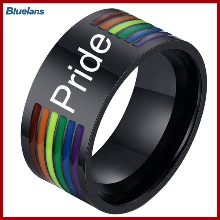 Bluelans®ของขวัญเครื่องประดับแหวนใส่นิ้วพิมพ์ลายสีรุ้งสแตนเลสแฟชั่นผู้ชาย