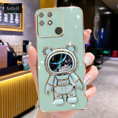 AnDyH Phone Case OPPO Realme C25/C25S/C12/Realme Narzo 20/Narzo 30A/Narzo 50A 6DStraight Edge Plating+Quicksand Astronauts who take you to explore space Bracket Soft Luxury High Quality New Protection Design