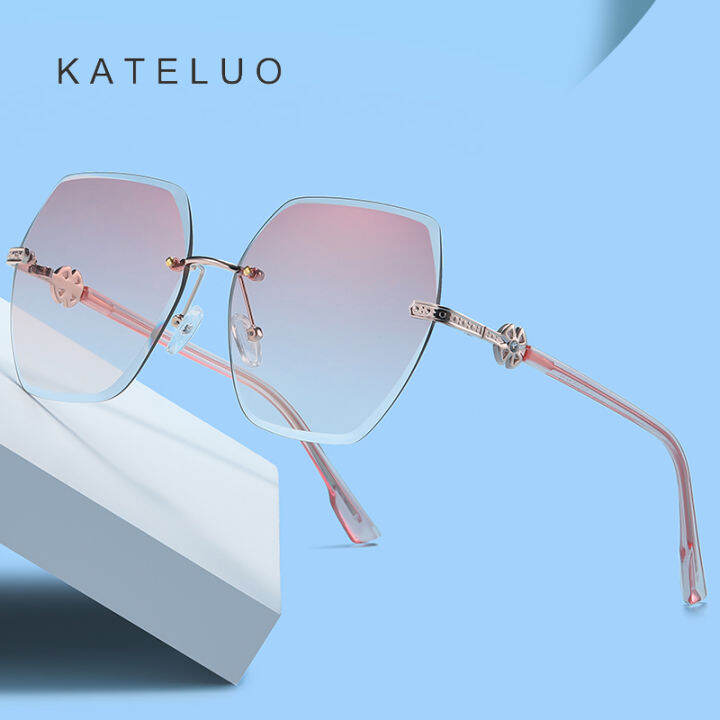 พร้อมกล่อง-kateluo-a0749ผู้หญิงแว่นกันแดดไรซ์สแควร์-frameless-uv400ไล่โทนสีเลนส์แฟชั่นจับคู่แนวโน้ม