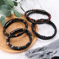 Trendy Mens Leather Bracelet Volcano Tiger Eye Beaded Natural Stone Bracelet Mens Cowhide Rope Onyx Bracelet Bracelet Gifts Pendants