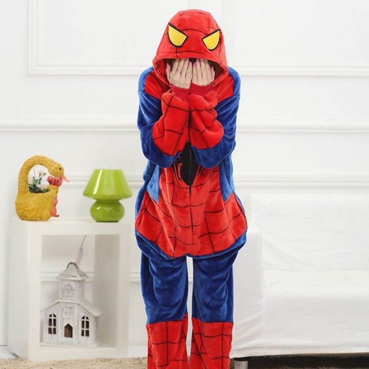 adults-animal-pajamas-sets-cartoon-sleepwear-cosplay-zipper-women-men-winter-unisex-flannel-red-spider-pajamas