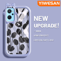 YIWESAN เคสสำหรับ Realme 9i,เคส A96 A76 A36 OPPO เคสแฟชั่นสีดำลายดอกทิวลิปสีสันสดใสน่ารักเล็กๆน้อยๆกล้องมอนสเตอร์นิ่มสำหรับเลนส์กันกระแทกแบบใสเคสมือถือความคิดสร้างสรรค์โปร่งใสเรียบง่ายฝาครอบป้องกันซิลิโคน