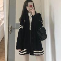 Deeptown Korean Style Black Cardigan Women Japanese Harajuku Fashion Knitted Autumn Sweater Preppy Striped Knitwear Oversized