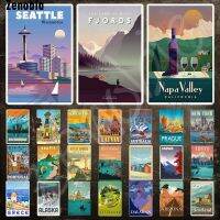 Tanlinxin Vintage Travel ป้ายโลหะ Seattle Fjords Napa Valley Landmark Buildingtin Sign City Landscape โปสเตอร์โลหะสำหรับตกแต่งห้องใหม่