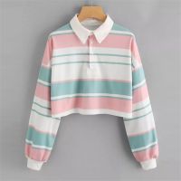 ♘  Women T-shirt Long Sleeve Spring Autumn Stripes Polo Shirts Button Casual Loose Tees Female Turn-Down Collar Pullover Tops