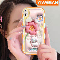 YIWESAN เคสสำหรับ iPhone X Xs Xr Xs Max 3D น่ารักดอกไม้สีชมพูกับกระต่าย Colour ลูกคลื่นกันกระแทกแบบใสนิ่มเคสมือถือความคิดสร้างสรรค์เคสกล้องฝาครอบป้องกันซิลิกาเจล