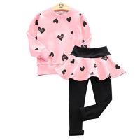 Spring Girls Sweatshirt Pants Kids Love Cotton Long Sleeve T-shirt + Skirt Leggings Suit 3-8 Years