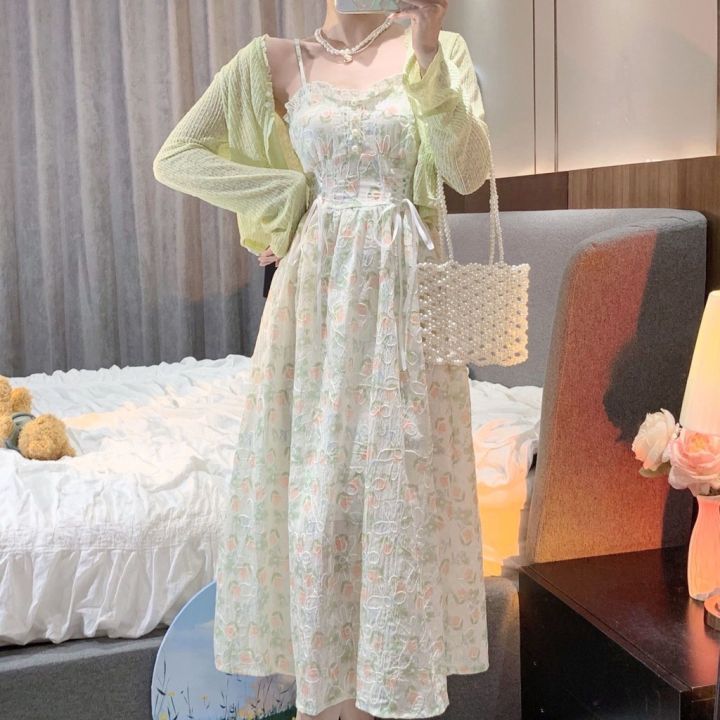 cod-810large-size-womens-wear-royal-sister-style-suspender-dress-set-womens-thin-suns-ผู้หญิงขนาดใหญ่น้องสาวของพระราชลมชุดสายรัดชุดหญิงส่วนบางส่วนครีมกันแดดเสื้อเอวเป็นชิ้นบางๆ