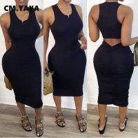 【YF】 CM.YAYA Women Summer Bodycon Midi Dress Sexy Sleeveless Cut Out Ruched Back Black Party Night Club Bandage Dresses Vestidos