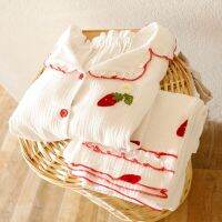 【JH】Womens pajamas winter nightwear long sleeve thin pure cotton gauze sweet lovely princess strawberry embroidery home clothes set