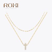 ROXI Collares Para Mujer 925 Silver Double Layered Pave Zircon Cross Pendant Necklaces Street Trendsetter INS Womens Necklace