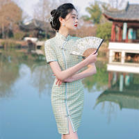 จีนวินเทจ Cheongsam ตารางรูปแบบปรับปรุงย้อนยุครีพับลิกันสง่างามบางยาวชุด Qipao เสื้อผ้าแบบดั้งเดิมสำหรับผู้หญิง