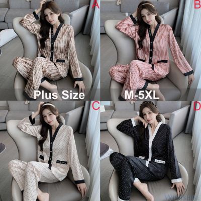 Terno ชุดนอนสตรีสำหรับผู้หญิง,ชุดนอน MODE Korea ชุดนอนผ้าไหม M-5XL ไซส์ใหญ่ชุดนอนสตรีแขนยาวชุดนอนซาตินชุดนอนกลางคืน