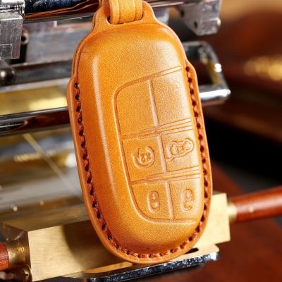 Car Key Case Cover For Jeep Renegade Grand Cherokee Dodge Challenger Leather Keychain Holder Fob Protector Keyring Accessories