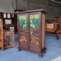 ตู้ไม้ ตู้เก็บของ 30cmx63cmx89cm บานไม้ แกะสลัก ลายช้าง Cabinet Wooden Table