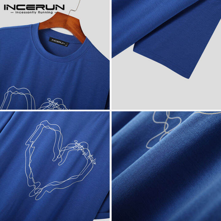 incerun-เสื้อเบลาส์ลำลองสำหรับวันหยุดเสื้อยืดคอกลมหัวใจผู้ชายแขนสั้น