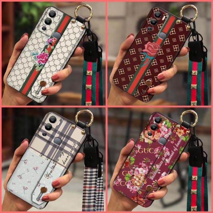 wrist-strap-waterproof-phone-case-for-infinix-hot12i-x665-new-arrival-anti-knock-plaid-texture-small-daisies-soft-tpu