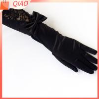 QIAO สำหรับผู้หญิง ลูกไม้ปักลาย โบว์สำหรับผูก ถุงมือผ้าซาติน ถุงมือมารยาทมารยาท การแสดงการเต้น แขนยาวแขนยาว