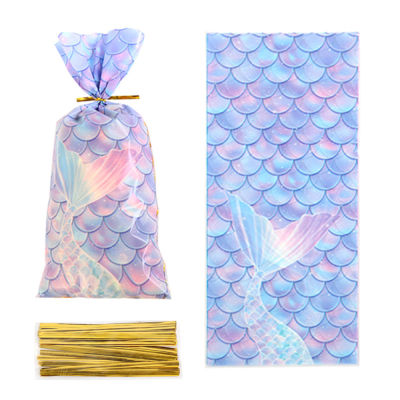 100Pcs Surprise Cookies Girls Birthday Party Mermaid Tail Packing Bag Gift Bag OPP Flat Bag
