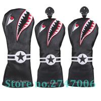 3pcs Black PU Leather with Shark Embroidery Golf Club Driver Fairway Wood FW Head Cover Golf #1 #3 #5 Wood Headcover