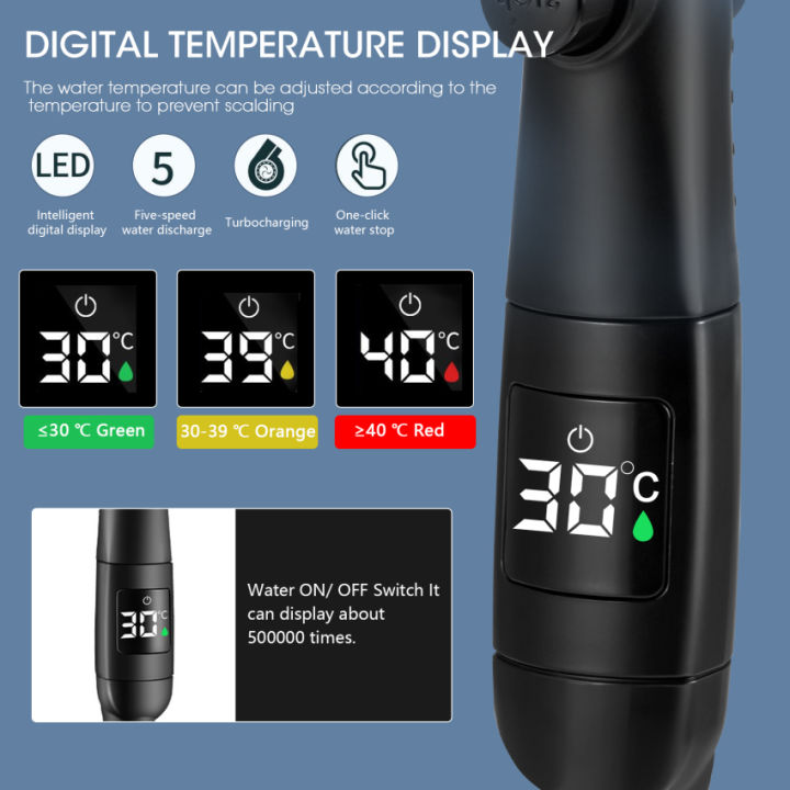 คลังสินค้าพร้อม-หัวฝักบัวจอภาพแอลซีดีอุณหภูมิหัวฝักบัวแรงดันสูงท่อเหล็กสแตนเลส1-5ม-หัวสเปรย์พลังงาน5โหมดพร้อมที่จับหัวฝักบัวประหยัดน้ำพร้อมสวิตช์หยุด