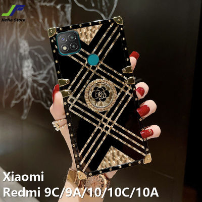 JieFie ที่ทำดีไซน์ใหม่เคสโทรศัพท์สี่เหลี่ยมชุบโลหะด้วยไฟฟ้าหรูหรา,สำหรับ Xiaomi Redmi 9C / 9A / 10 / 10C / 10A ฝาครอบโทรศัพท์ลายการ์ตูนน่ารักลายตารางวิบวับ + ที่ใส่แหวน