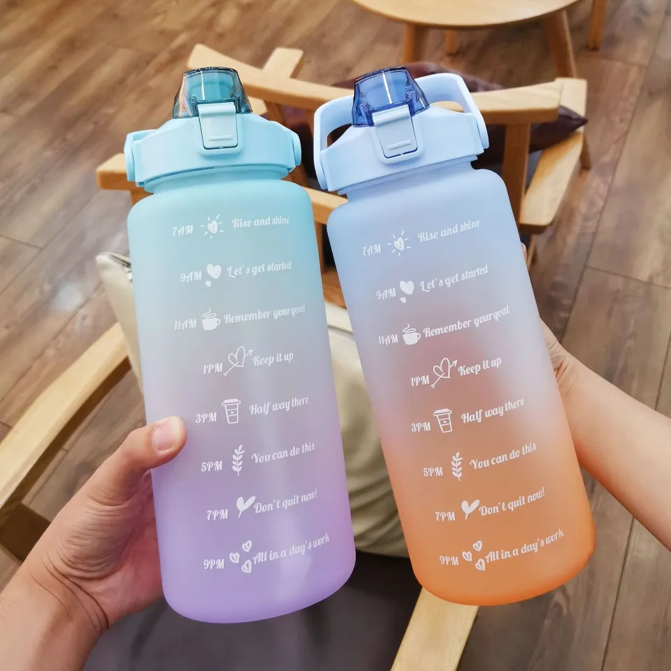 2 Liter Water Bottle With Straw Female Girls Large Portable Travel Bottles  Sports Fitness Cup Summer Cold Water with Time Scale