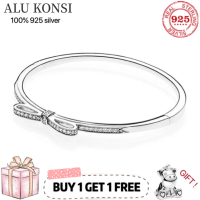 Hot Sale 100 Real 925 Sterling Silver pan Bracelet for Women Fit Original Design bowknot Bangle DIY high quality Jewelry