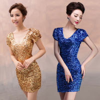 ฤดูร้อน Bling Shiny Sequins ชุดผู้หญิงเซ็กซี่ V คอ Backless แขนสั้น Slim Bodycon ชุดสุภาพสตรีเซ็กซี่ Club Party Dresses