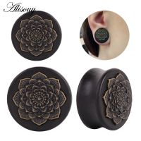 Alisouy New Style 2PCS Black Natural Wood Mandala Flower Ear Plugs Tunnels Ear Expanders Earring Gauges Piercing Plug Ears Body Jewelry