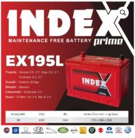 INDEX BATTERY รุ่น EX195L ใช้กับรถ Toyota : Innova 2.5, 2.7, Vigo 2.5, 2.7, Fortuner 2.5, 2.7 Suzuki : Celerio, Ertiga Nissan : Navara Chevrolet : Colorado 2.5 Isuzu : D-Max 1.9, 2.5, Mu-X 2.5