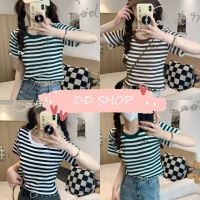 DD SHOPพร้อมส่ง B238 เสื้อไหมพรมแขนสั้น คอกลม ดีเทลลายทาง ปลายหยัก