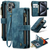 Multi-Function Wallet Case for iPhone 15 Pro Max 15 Plus Vintage Flip Leather Zipper Casing Card Slots Magnetic Closure Stand Cover