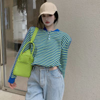 Ezgaga Patchwork Striped Sweatshirt Women Oversized Long Sleeve Color Block Drawstring Pullover Korean Casual Autumn Streetwear