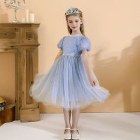 Disney Snow Queen Frozen Elsa Christmas Dress Kids Halloween Carnival Elza Costume Girls Crystal Blue Short-sleeve Elsa Dress