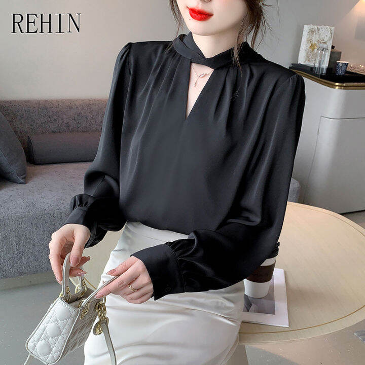 rehin-ผู้หญิงฤดูใบไม้ร่วงใหม่เกาหลีรุ่นเสื้อแขนยาว-hollow-lantern-sleeves-เสื้อหรูหรา