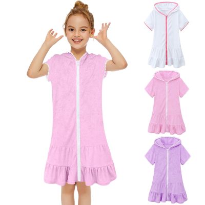 3-11 Years Little Girls Swim Cover Up Kids Swimsuit Coverup Beach Bathing Suit Hooded Bathrobe Absorbent Terry Beach Dress New