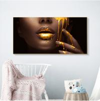 ขนาดใหญ่ผู้หญิงแอฟริกัน Face Canvas Art โปสเตอร์และพิมพ์ Golden Lips ภาพวาดผ้าใบเหมาะสำหรับห้องนั่งเล่น Wall Art ตกแต่ง